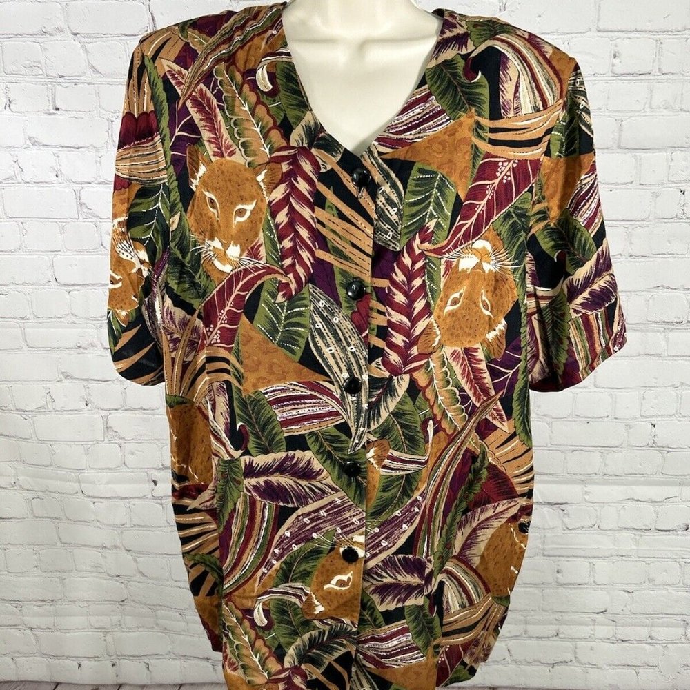 VTG A Personal Touch Colorful Shoulder Pad Button Up Jungle Themed Blouse 22W
